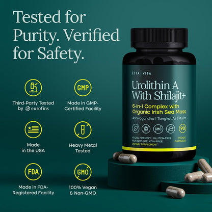 Urolithin-A Complex w Shilajit, Organic Sea Moss, Ashwagandha & Tongkat Ali, Natural Energy, Libido, Hormone Balance, and Focus for Men & Women (Made in USA - 3rd Party Tested