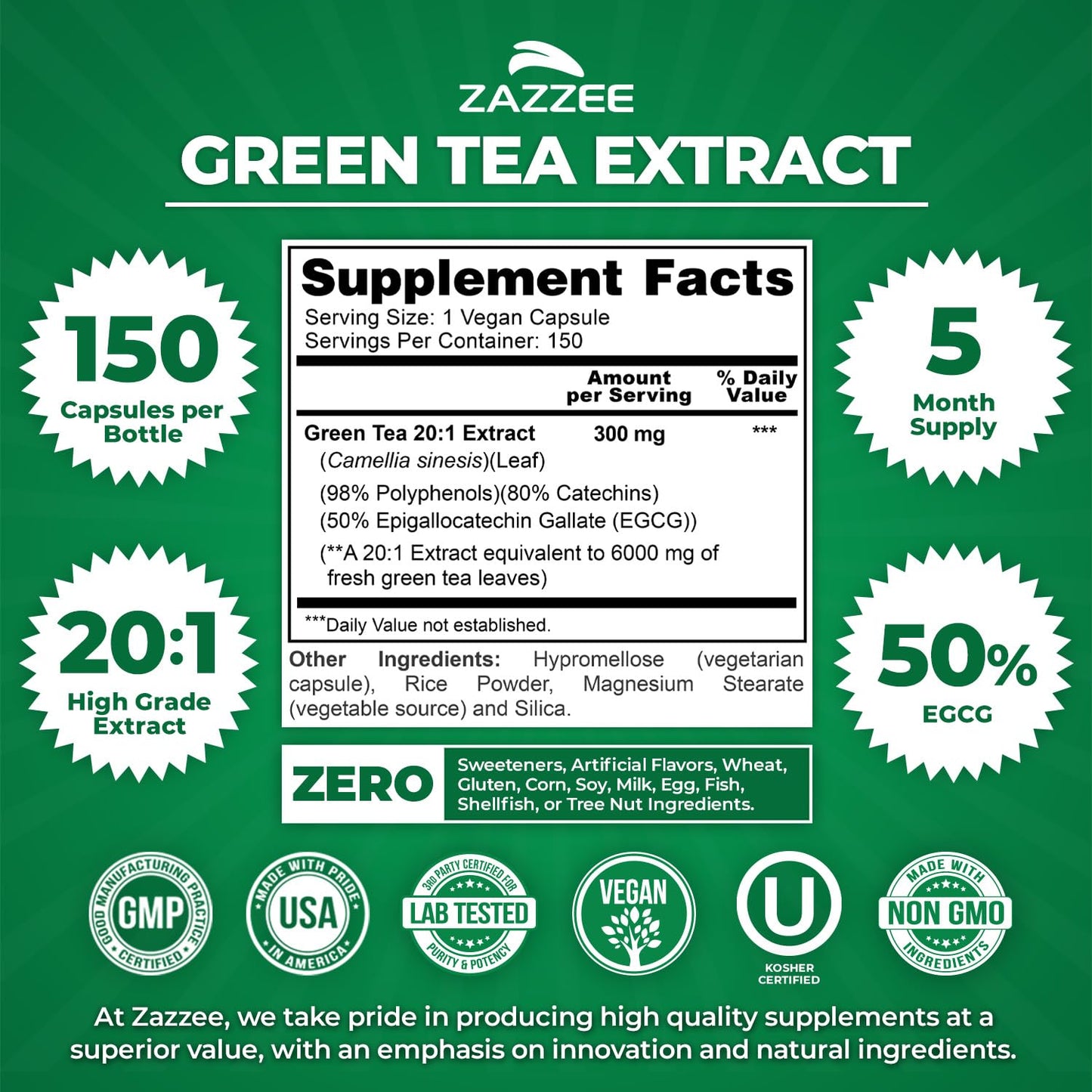 Zazzee Extra Strength Green Tea 20:1 Extract, 50% EGCG, 98% Polyphenols, 80% Catechins, 150 Vegan Capsules, 5 Month Supply, Certified Kosher, Antioxidant & Metabolism Support, Non-GMO, Made in the USA