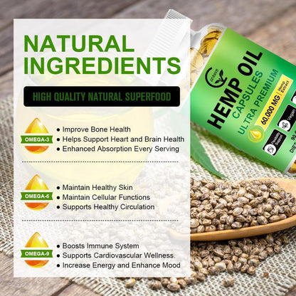 (2-Pack) High Potency Hemp Oil Capsules - 180 Veggie Softgels - 60,000 Maximum Strength, Immune System Support, Focus Calm, Relaxation, Mood, Pure Extract, Organic, Vegan, Non-GMO