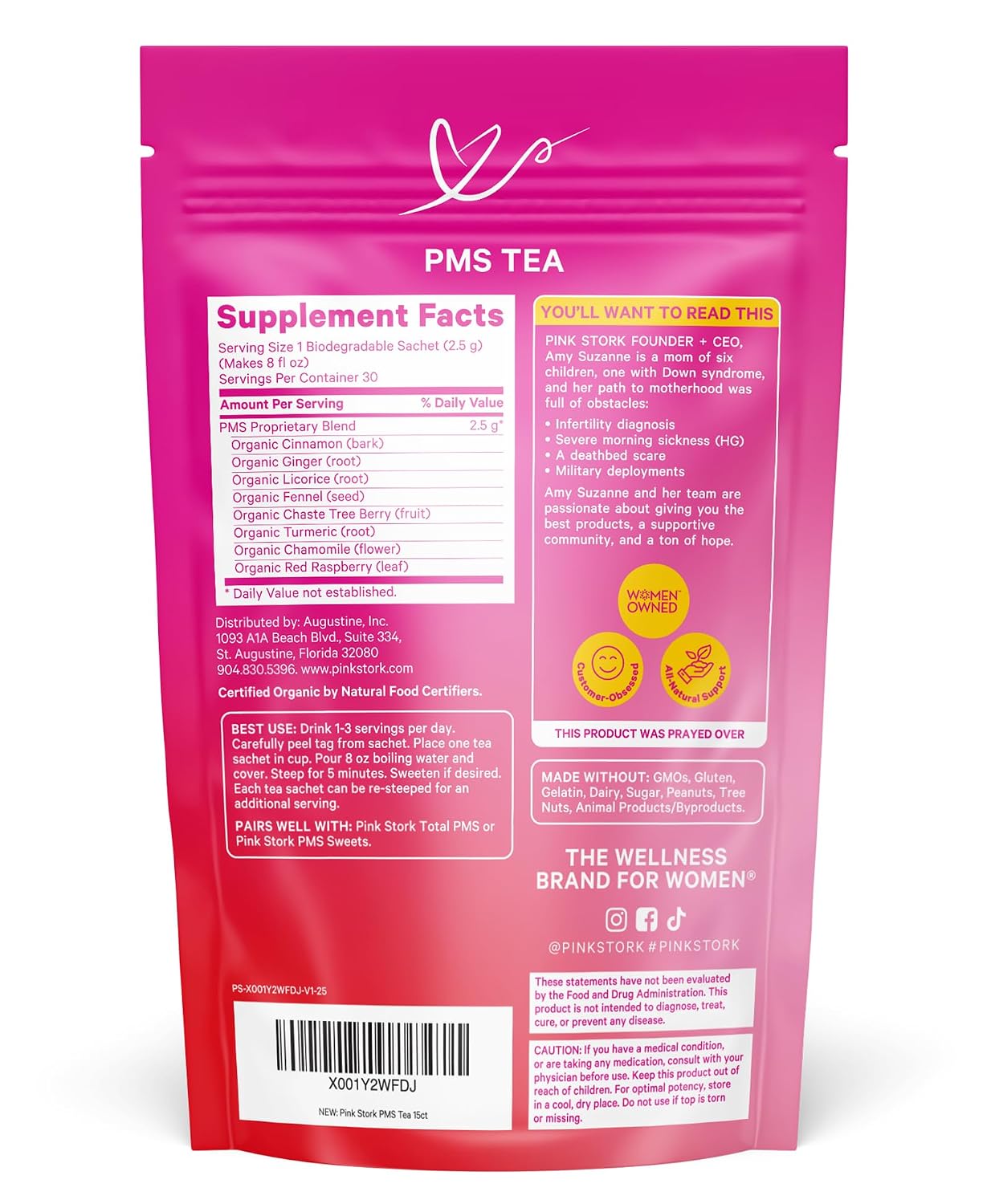 Pink Stork Organic PMS Tea for Hormone Balance, Mood Swings, Bloating, and Period Regularity - 8 Herbs - Vitex, Red Raspberry Leaf, Chamomile - Caffeine-Free - 15 Sachets, Hot or Iced