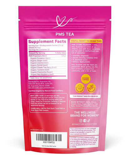 Pink Stork Organic PMS Tea for Hormone Balance, Mood Swings, Bloating, and Period Regularity - 8 Herbs - Vitex, Red Raspberry Leaf, Chamomile - Caffeine-Free - 15 Sachets, Hot or Iced