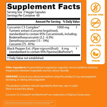 Doctor's Best Turmeric Curcumin Supplement 1000mg for Men & Women - Curcumin Caps from Turmeric Root, Black Pepper Extract (BioPerine), 95% Piperine, Joint Health Support, Non GMO - 120 Veg Capsules