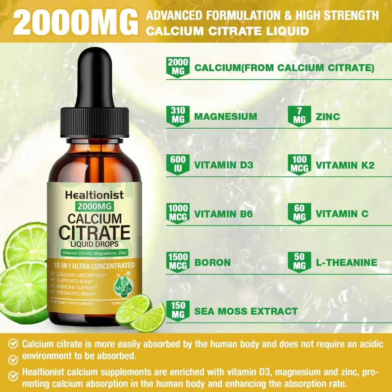2 Packs 2000mg Calcium Citrate with Vitamin D3 K2 Supplements Liquid Drops for Women & Men, Magnesium, Zinc, High Absorption, Bone, Teeth, Muscle & Immune Support, 4 Fl oz