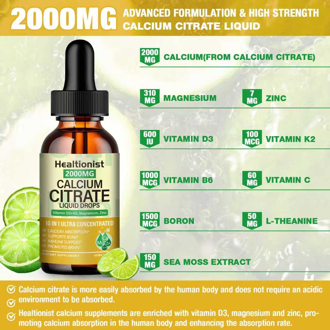 2 Packs 2000mg Calcium Citrate with Vitamin D3 K2 Supplements Liquid Drops for Women & Men, Magnesium, Zinc, High Absorption, Bone, Teeth, Muscle & Immune Support, 4 Fl oz