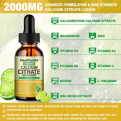 2 Packs 2000mg Calcium Citrate with Vitamin D3 K2 Supplements Liquid Drops for Women & Men, Magnesium, Zinc, High Absorption, Bone, Teeth, Muscle & Immune Support, 4 Fl oz