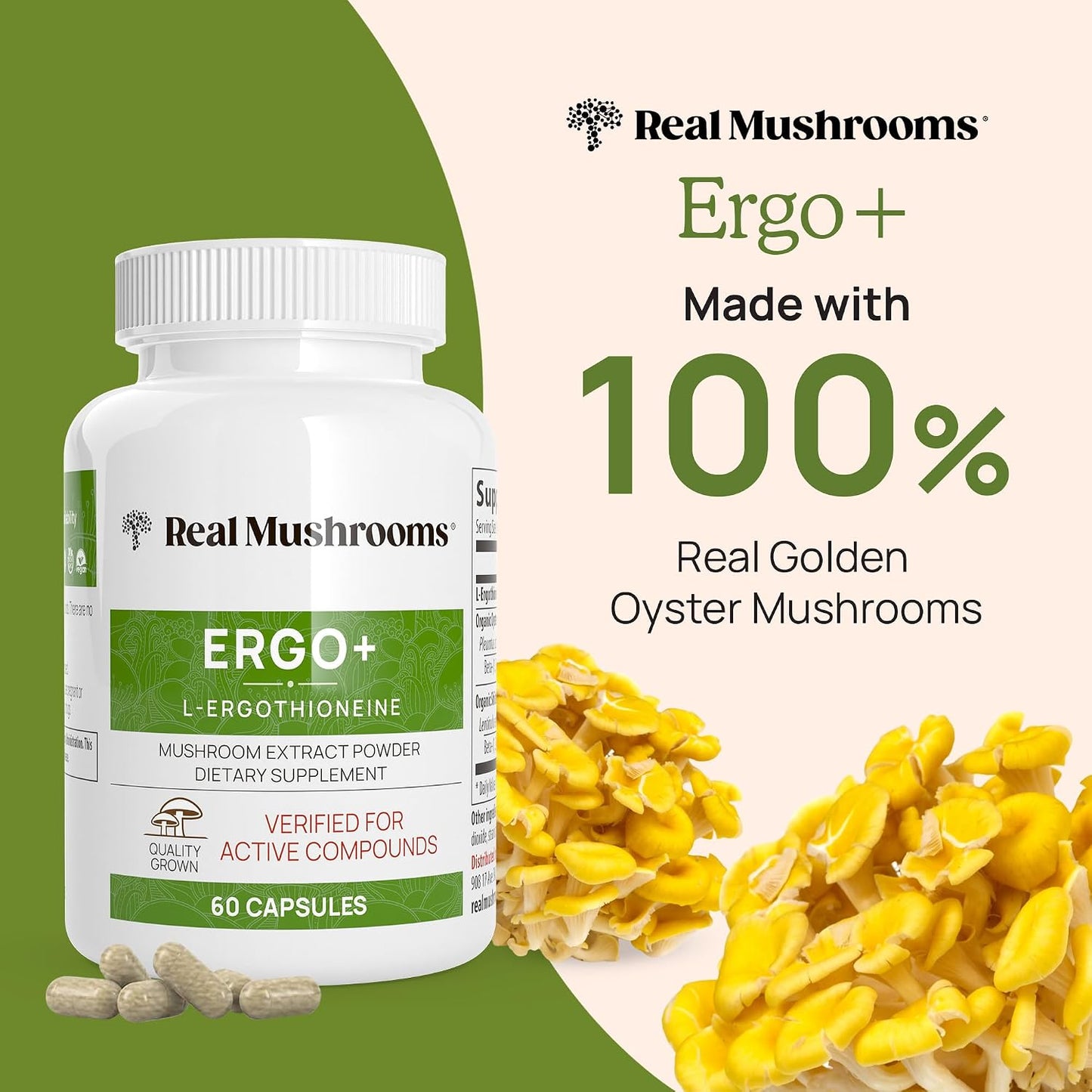 Real Mushrooms Ergothioneine (60ct) and Lions Mane (120ct) Bundle with Shiitake and Oyster Mushroom Extracts - Longevity and Cognition - Vegan, Gluten Free, Non-GMO