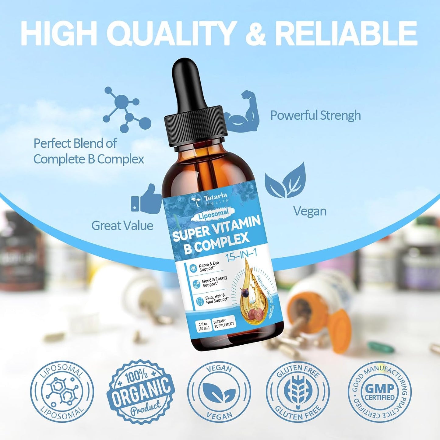 15-in-1 Liposomal Vitamin B Complex Pro Sugar-free B Complex Drops with B1, B2, B3 Niacinamide, Choline, B5, B6, B7 Biotin, Inositol, Folate, B12, Zinc, Lutein, Zeaxanthin, Taurine & Vit. C, 2 fl oz