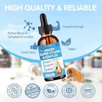 15-in-1 Liposomal Vitamin B Complex Pro Sugar-free B Complex Drops with B1, B2, B3 Niacinamide, Choline, B5, B6, B7 Biotin, Inositol, Folate, B12, Zinc, Lutein, Zeaxanthin, Taurine & Vit. C, 2 fl oz