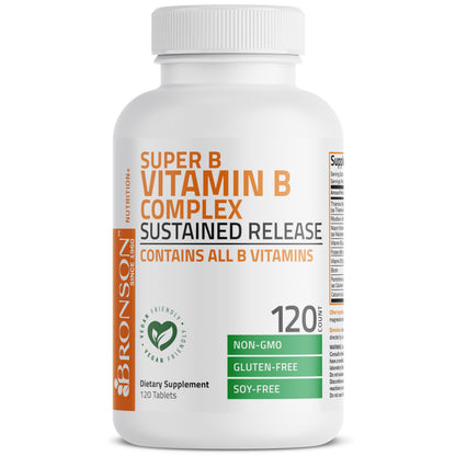 Bronson Super B Vitamin B Complex Sustained Release for Energy, 60 Tablets | B1, B2, B3, B6, Folic Acid, B12, Biotin & Pantothenic Acid, One-Tablet Formula, Non-GMO, Gluten-Free & Soy-Free