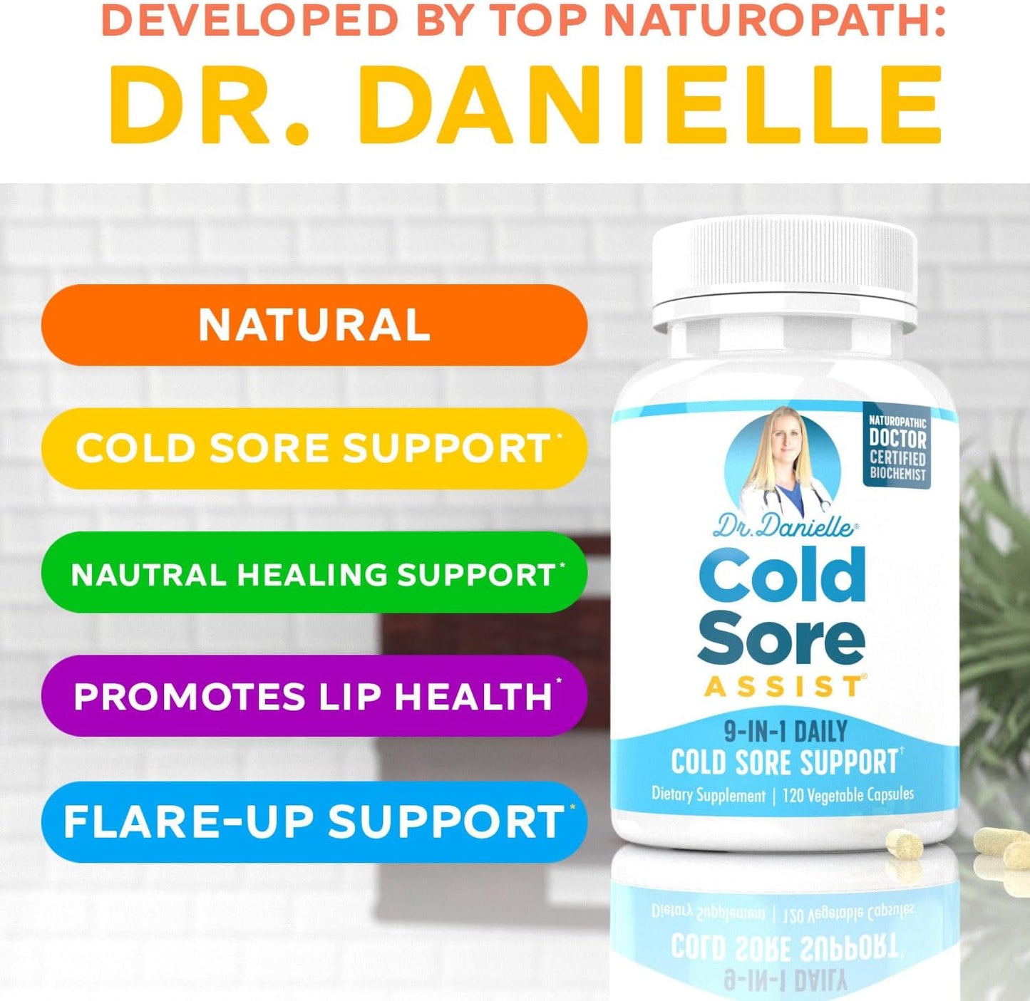 Best Cold Sore Supplement with Lysine and Lemon Balm - Dr. Danielle Cold Sore Assist - 120 Capsules