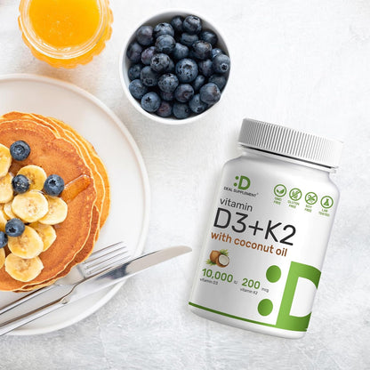 DEAL SUPPLEMENT Vitamin D3 10,000 IU + K2 MK7 200mcg Softgels, 250 Count | 2-in-1 Complex with Virgin Coconut Oil | Easy to Swallow