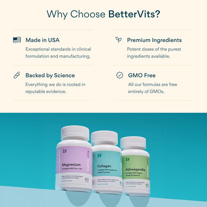 Bettervits Magnesium Glycinate Complex with Citrate Malate Zinc & Vitamin D3 | High Absorption Pure Magnesium 225mg Supplement Chelated Formula for Muscle Relaxation, Sleep Support – 60 Capsules