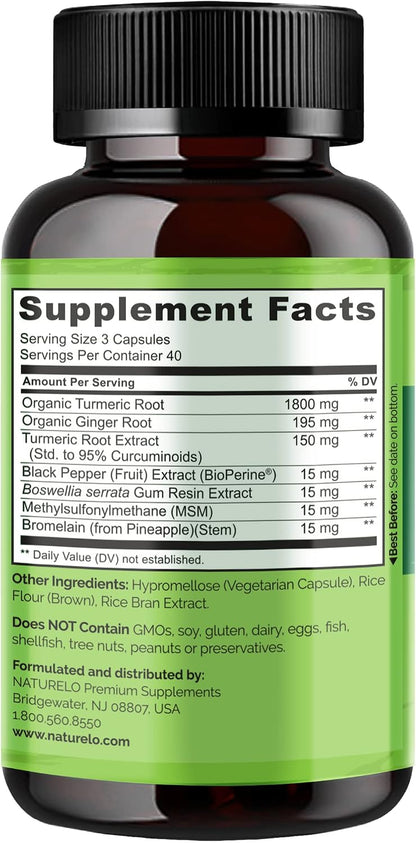 NATURELO Turmeric Curcumin - BioPerine for Better Absorption - Black Pepper, Ginger Root, Curcuminoids - Plant-Based Joint Discomfort Support - 120 Vegan Capsules (Pack of 2)
