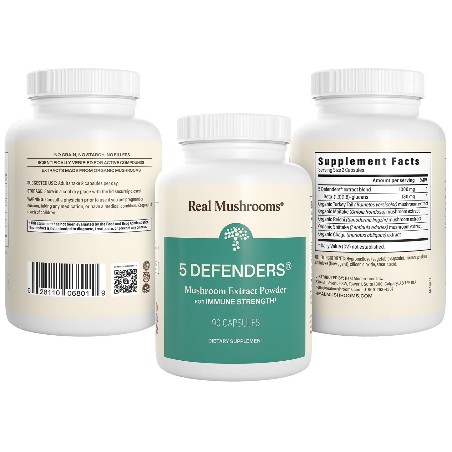 Real Mushrooms 5 Defenders - Adaptogenic Mushrooms Complex with Chaga, Reishi, Turkey Tail, Maitake & Shiitake for Wellness Support - Mushroom Beta Glucan Capsules - 90 Count