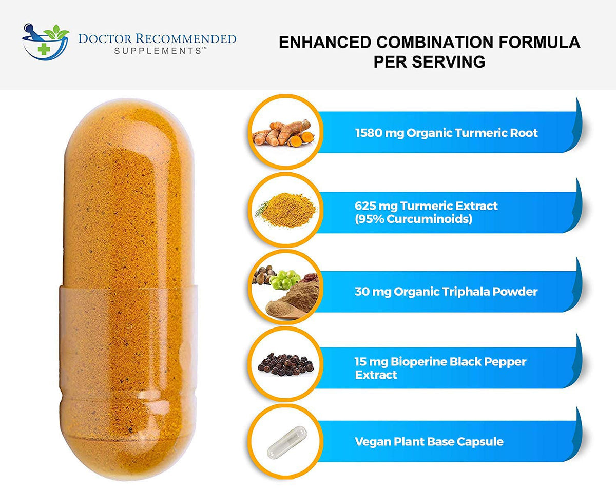Turmeric Curcumin Supplement - 2250mg/d - Veggie Caps - 95% Curcuminoids with Black Pepper Extract (Bioperine) - 750mg Capsules - 100% Organic - Most Powerful Turmeric (180 Count)