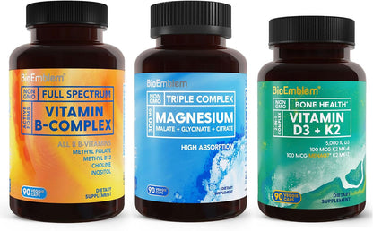 BioEmblem Adults Triple Magnesium Complex and Vitamin D3 K2 and Vitamin B-Complex - 270 Count