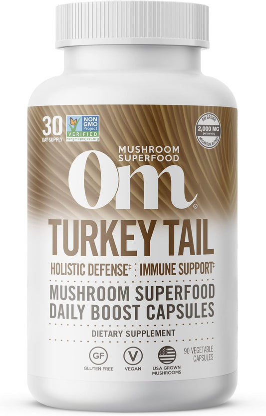 Om Mushroom Superfood Turkey Tail Mushroom Capsules Superfood Supplement, 90 Count, 30 Days, Immune Support, Polysacchrides, Beta-Glucans, Gut Health & Holistic Defense Mushroom Supplement