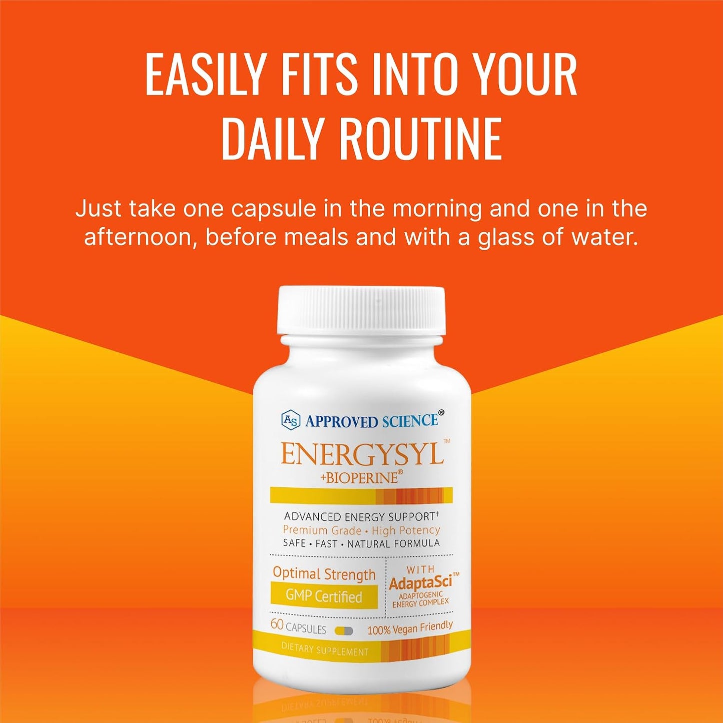 Approved Science Energysyl - Caffeine Free - with Adaptogens, B Vitamins, and Bioperine - 1 Month Supply - 60 Capsules - Made in The USA