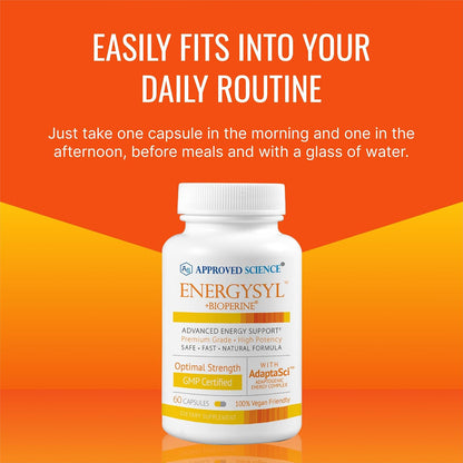 Approved Science Energysyl - Caffeine Free - with Adaptogens, B Vitamins, and Bioperine - 1 Month Supply - 60 Capsules - Made in The USA