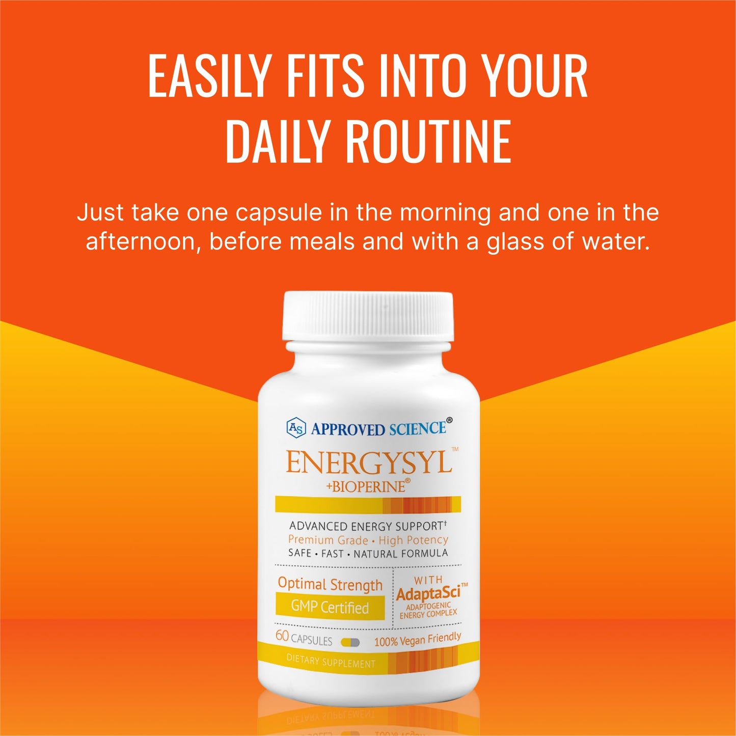 Approved Science Energysyl - Caffeine Free - with Adaptogens, B Vitamins, and Bioperine - 1 Month Supply - 60 Capsules - Made in The USA