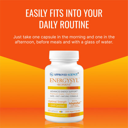 Approved Science Energysyl - Caffeine Free - with Adaptogens, B Vitamins, and Bioperine - 1 Month Supply - 60 Capsules - Made in The USA