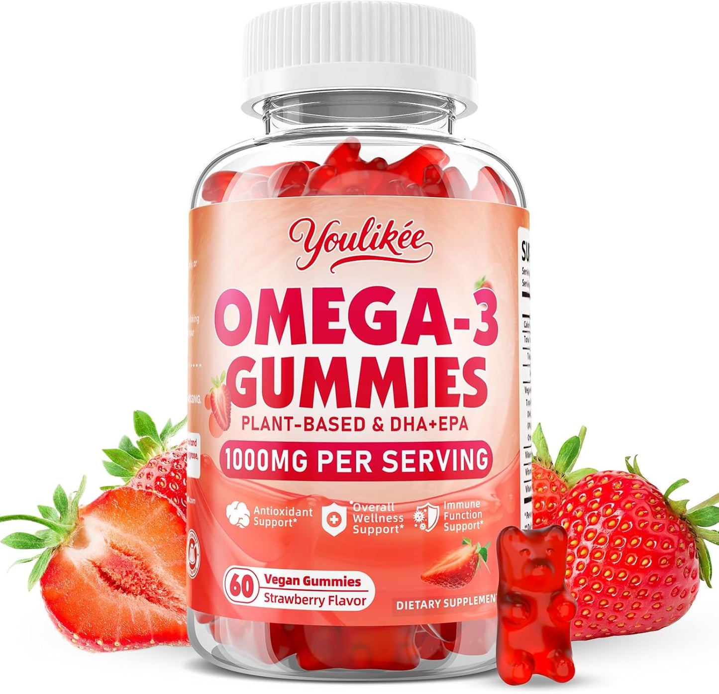 Vegan Omega-3 Gummies, Strawberry Flavor, 60 Count