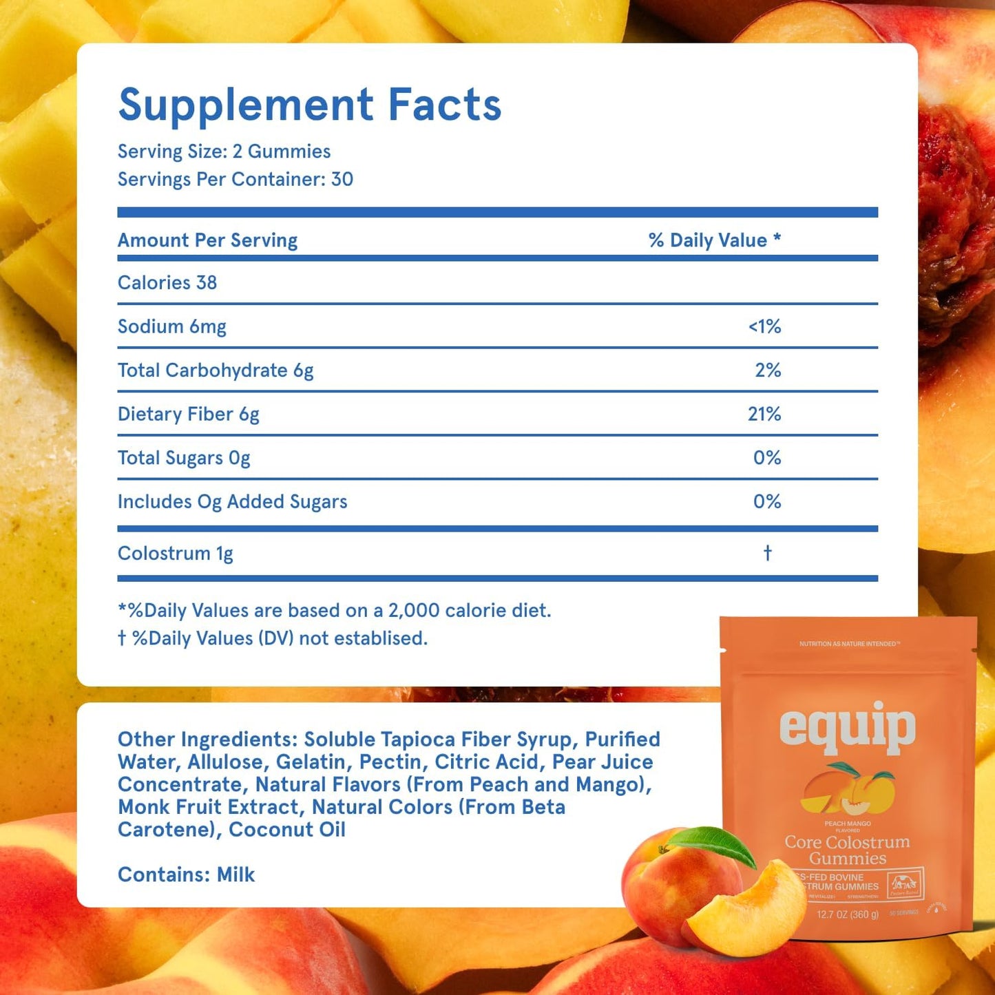 Equip Foods Core Colostrum Gummies - Delicious and Convenient - 1g Ultra-Premium Grass Fed Colostrum Per Serving - Gut Health, Immunity, Hair and Skin, Peach Mango & Raspberry