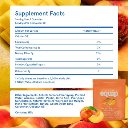 Equip Foods Core Colostrum Gummies - Delicious and Convenient - 1g Ultra-Premium Grass Fed Colostrum Per Serving - Gut Health, Immunity, Hair and Skin, Peach Mango & Raspberry
