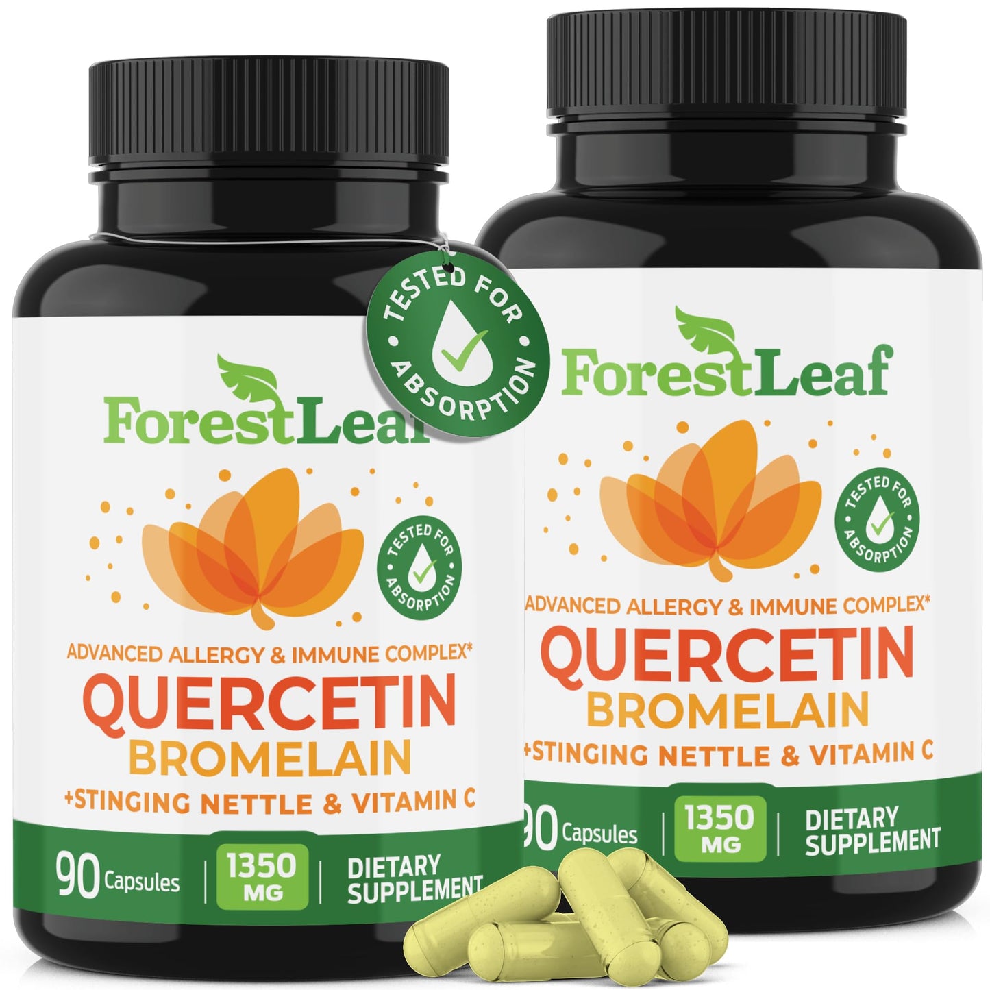 ForestLeaf Quercetin with Bromelain 1350mg - Blend with Vitamin C & Stinging Nettle Supplement, Quercetin 500mg Capsules, Non-GMO Gluten Free, Natural Function, 90 Veggie Caps