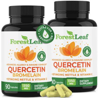 ForestLeaf Quercetin with Bromelain 1350mg - Blend with Vitamin C & Stinging Nettle Supplement, Quercetin 500mg Capsules, Non-GMO Gluten Free, Natural Function, 90 Veggie Caps