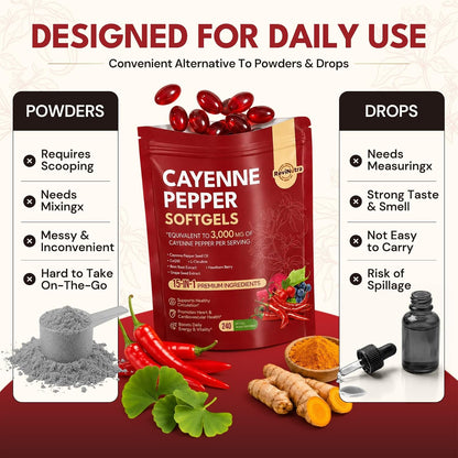 Cayenne Pepper Softgels, 15-in-1 Cayenne Pepper Capsules with Vitamin D3 + K2, L-Citrulline, Beet Root, CoQ10, Capsaicin supplements for Healthy Circulation, Energy, Heart Vessel Support, 240ct