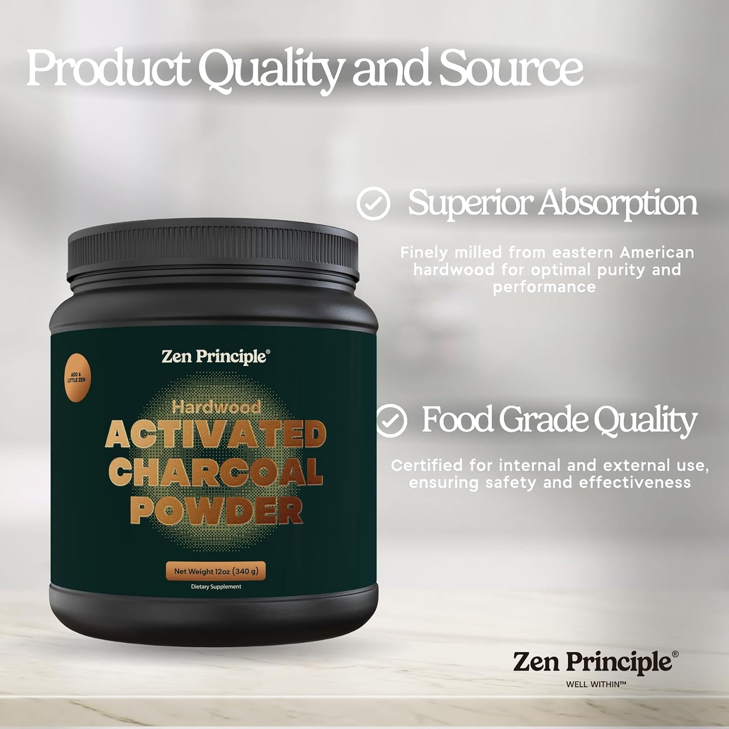 Zen Principle Activated Charcoal Powder only from USA Hardwood Trees. All Natural. Whitens Teeth, Rejuvenates Skin and Hair, Supports Better Digestion. Free Scoop Included. 12 oz.