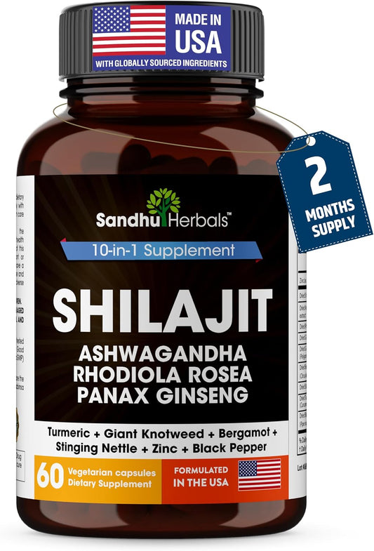 Shilajit for Men Capsules 10-in-1 Blend 60 Count 2 Month Supply | SANDHUHERBALS Himalayan Shilajit with Ashwagandha, Rhodiola Rosea, Panax Ginseng, Zinc, Turmeric for men and women.