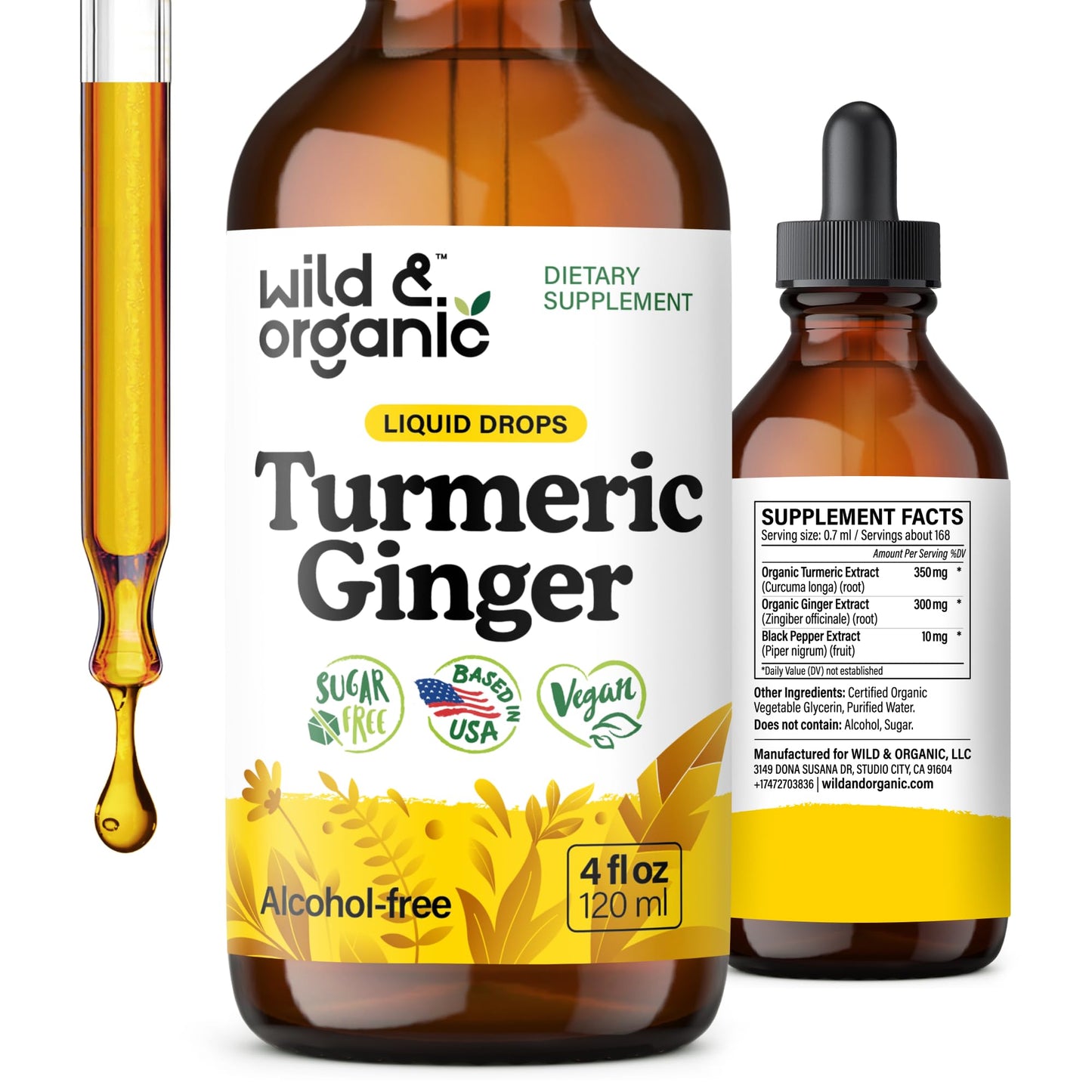 Wild & Organic Turmeric and Ginger Supplement - Movement & Immune Support - Liquid Turmeric Curcumin with Black Pepper and Ginger - Add to Tea Drops - Vegan, Sugar & Alcohol-Free Tincture - 4 oz