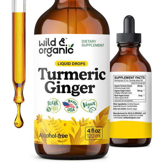 Wild & Organic Turmeric and Ginger Supplement - Movement & Immune Support - Liquid Turmeric Curcumin with Black Pepper and Ginger - Add to Tea Drops - Vegan, Sugar & Alcohol-Free Tincture - 4 oz