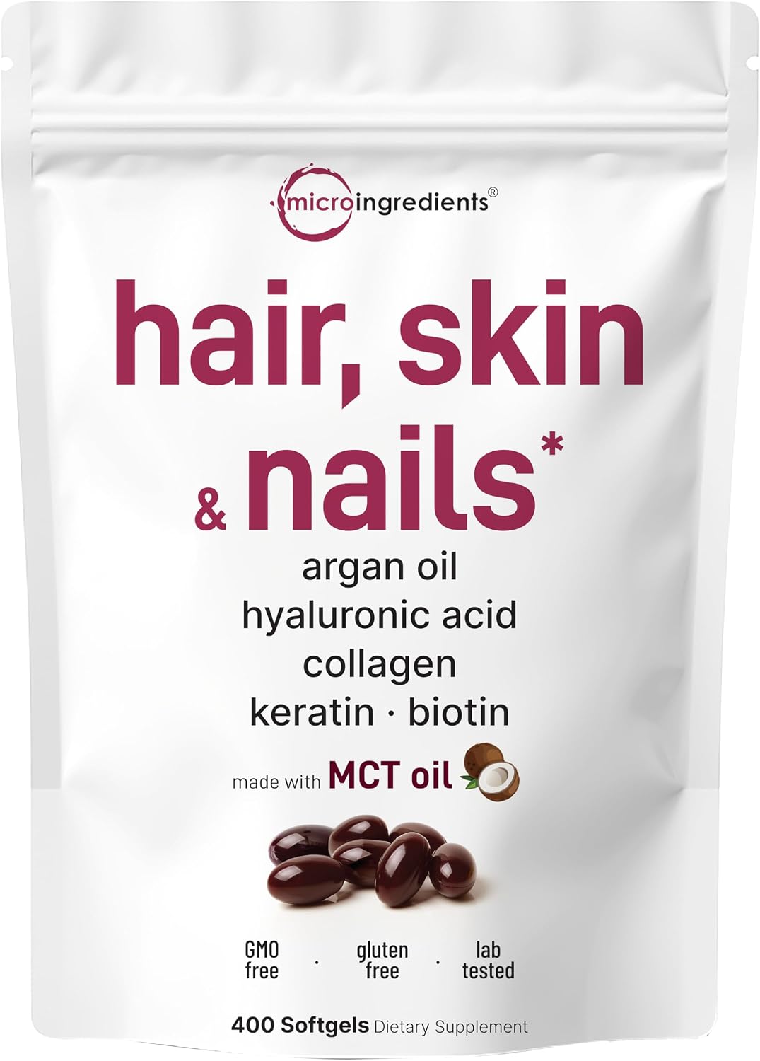 Hair Skin and Nails Vitamins for Women & Men | 400 Softgels with MCT Oil | 21-in-1 Argan Oil, Hyaluronic Acid, Collagen, Keratin & Biotin Supplement | 133-Day Supply | Non-GMO, Gluten Free