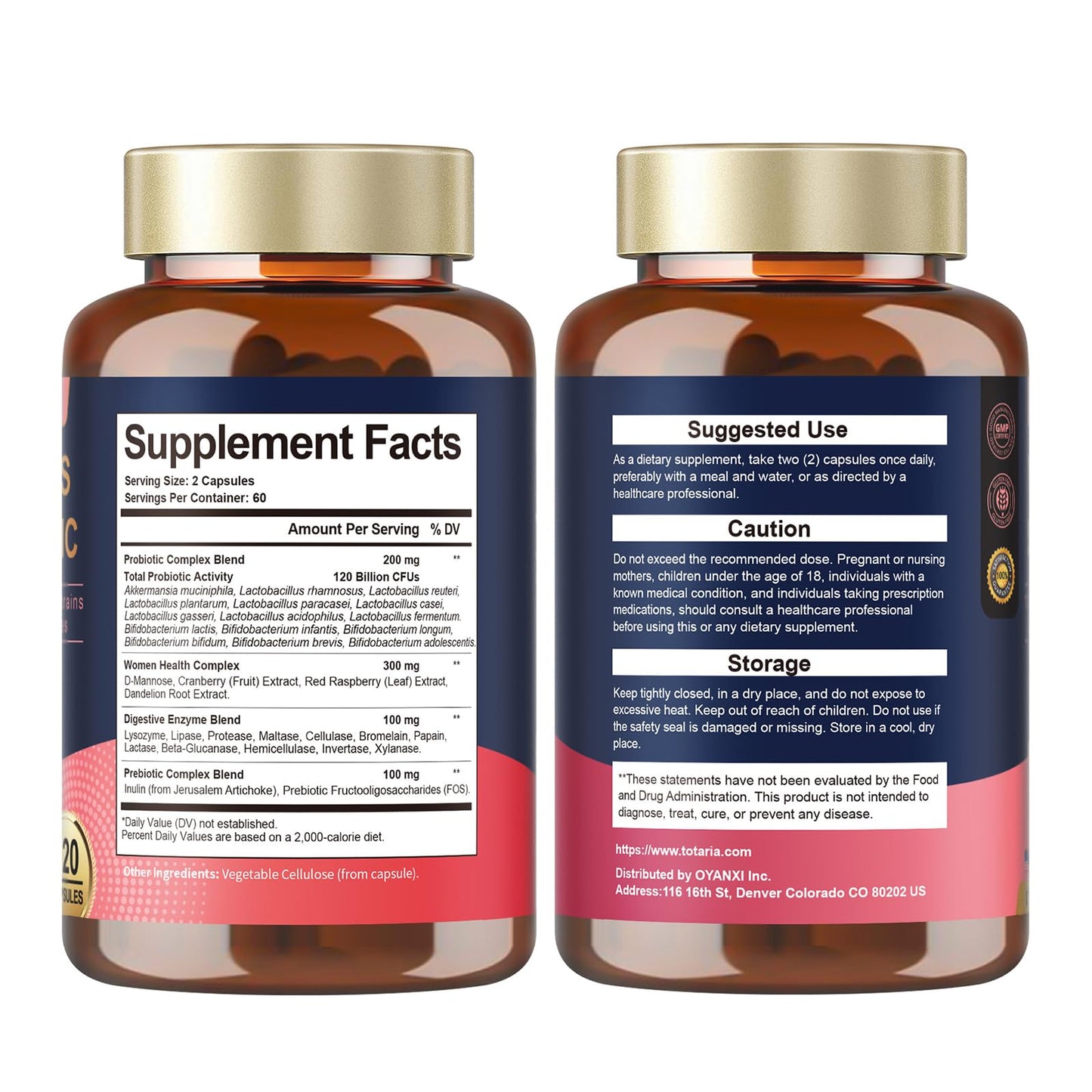 Totaria Probiotics for Women, 120 Billion Women Probiotic, with Akkermansia, Digestive Enzymes & Prebiotics, Cranberry, D-Mannose, for Gut, Vaginal, Urinary, Immune, PH Balance, 120 Vegan Capules