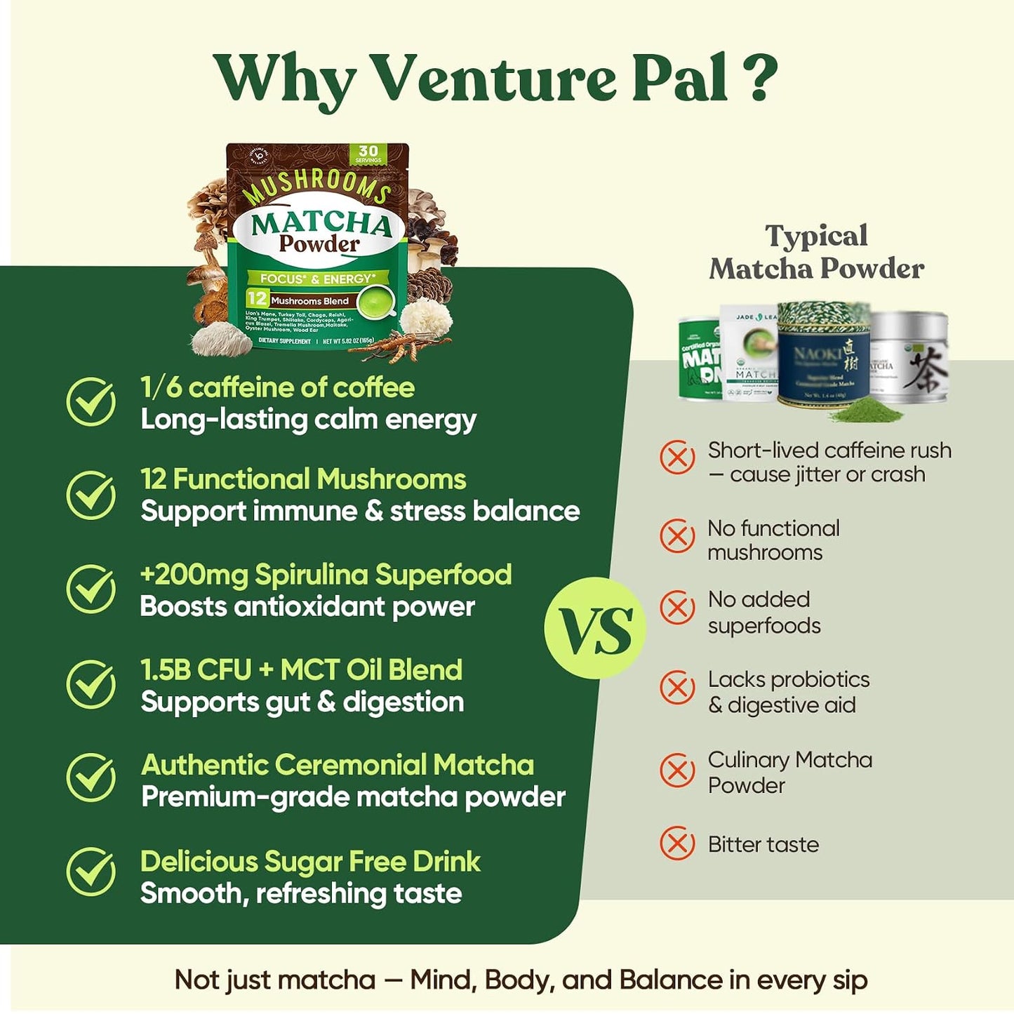 Venture Pal Ceremonial Grade Mushroom Matcha Powder + Venture Pal Calming Powdered Drink Mix - Energy, Relax & Focus - Non GMO & Vegan