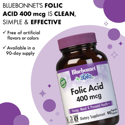 Bluebonnet Nutrition Folic Acid 400 mcg, Prenatal & Postnatal Health*, Non-GMO, Vegan, Kosher Certified, Gluten-Free, Soy-Free, Dairy-Free, 90 Vegetable Capsules, 90 Servings