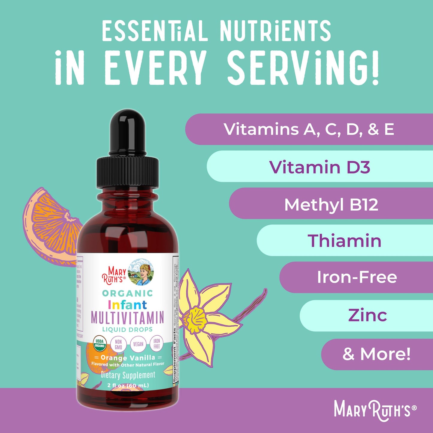 MARYRUTH'S Organics Multivitamin & Multimineral with Iron for Toddlers | USDA Organic | Sugar Free | Multivitamin Liquid Drops for Kids Ages 1-3 | Immune Support | Vegan | Non-GMO | 2 Fl Oz