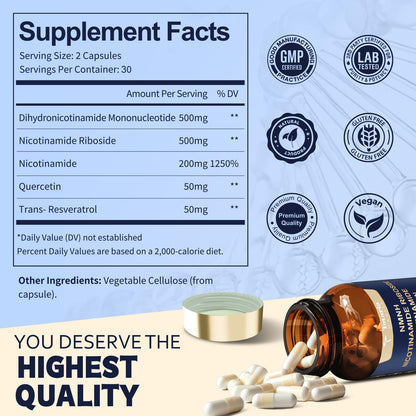 Totaria NMNH 500mg (Dihydronicotinamide Mononucleotide), Premium NMN Alternative Supplement w/Niacinamide (Vitamin B3), Quercetin, Trans-Resveratrol, for NAD+, Skin Cell, Anti-Aging & Energy, 120 Ct