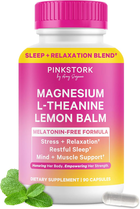 Pink Stork Magnesium Glycinate, L-Theanine, Lemon Balm, 90 Capsules | Non-Habit Forming Sleep Support, Melatonin-Free, Natural Calm + Relaxation Support, 1 Month Supply