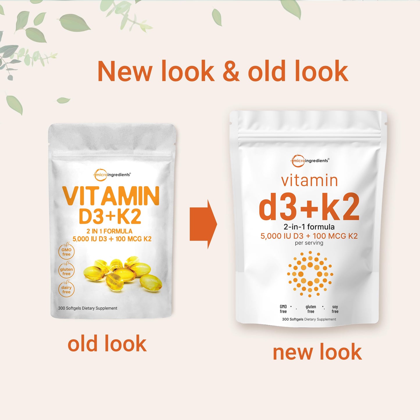 Micro Ingredients Vitamin D3 5,000 IU + K2 MK-7 100 mcg, 300 Softgels | 2-in-1 Vitamins D & K Complex | Extra Strength, Easy to Swallow, Non-GMO, Gluten Free