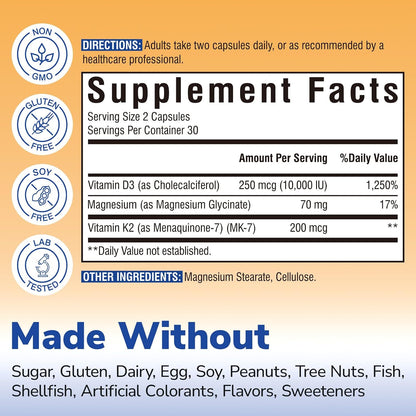 Vitalibre D3 K2 + Magnesium Supplement, 10000 IU Vitamin D3 & 200 mcg K2, with Magnesium Glycinate, Bone, Teeth, Immune & Energy Support, High Absorption, Non-GMO, Easy to Swallow, 60 Capsules