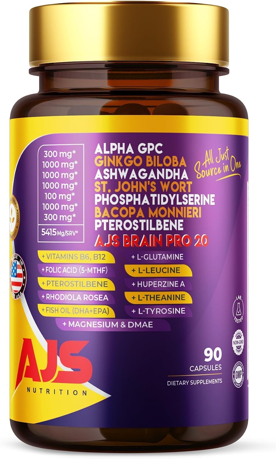 AJS Alpha GPC Nootropic Brain Supplement 90CT,Phosphatidylserine,St. John'sWort Ginkgo Biloba, Ashwagandha,Bacopa Monnieri,Pterostilbene,Magnesium Glycinate,Ginkgo Biloba (270 Count (Pack of 3))