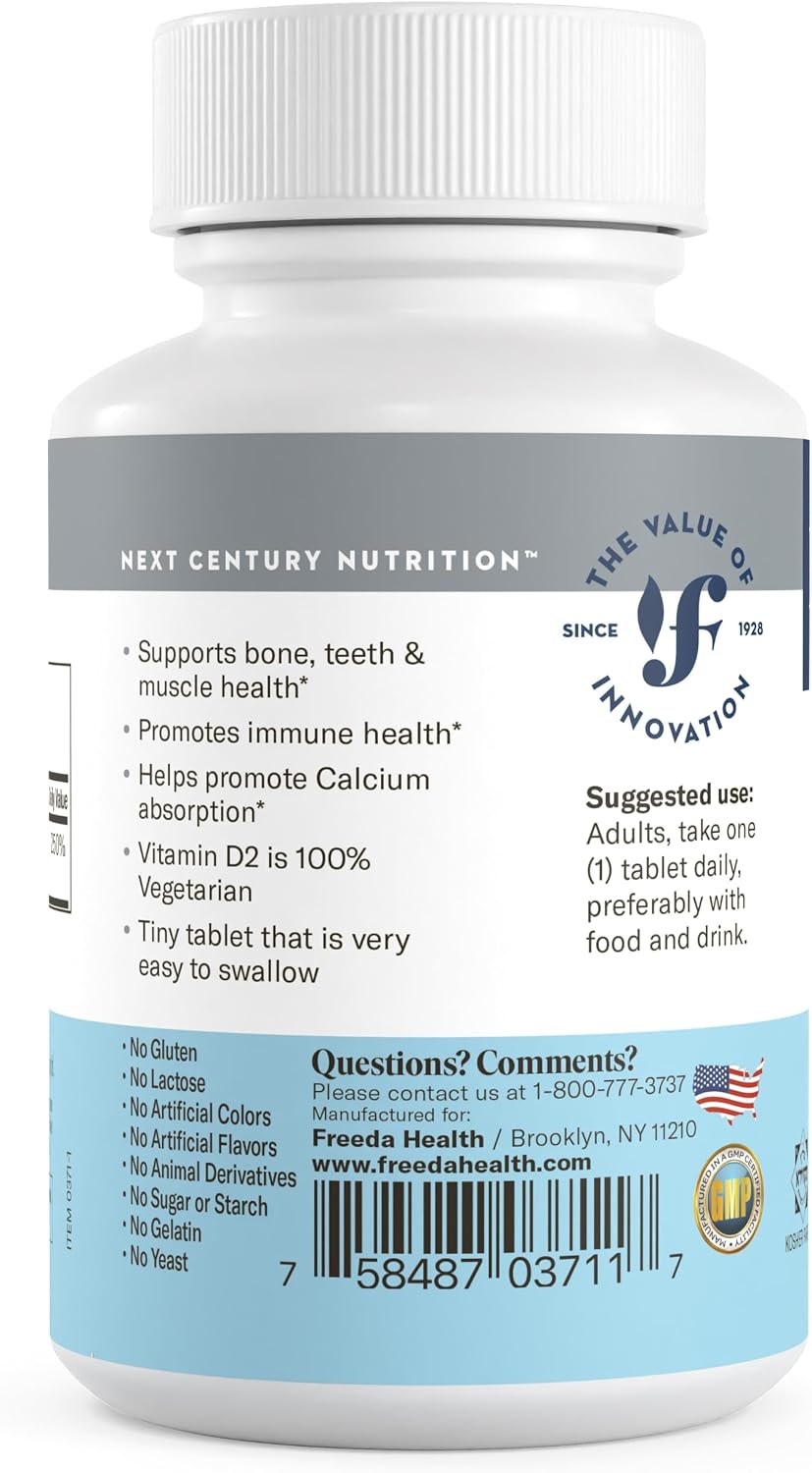 FREEDA Vitamin D2 2000 IU for Bone & Immune Support – Vegan, 100 Tablets | Supports Bone, Teeth & Muscle Function, Tiny Easy-to-Swallow Tablets, Ergocalciferol Supplement, Kosher, Made in USA