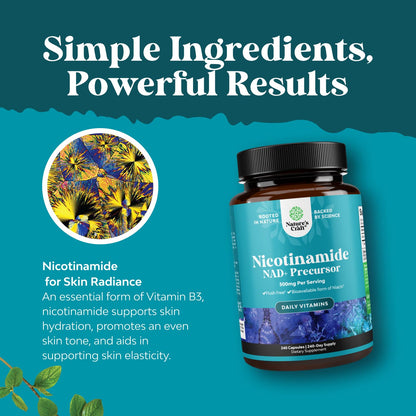 Vitamin B3 Niacinamide 500mg Capsules - Mitochondrial Energy and Potent Skin Supplement - Vitamin B3 Niacin Flush Free and Nicotinamide 500mg - Flush Free Niacin Supplement - 60 Count