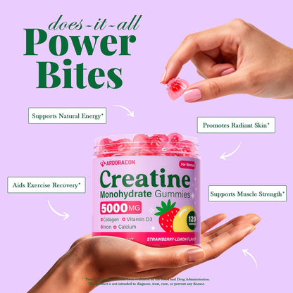 Creatine for Women, Creatine Monohydrate Gummies with Collagen, Vitamin D3 & Calcium for Muscle Support & Energy, Flavored Sugar Free Creatine Gummies Post & Pre Workout Supplements for Women, 120 Ct