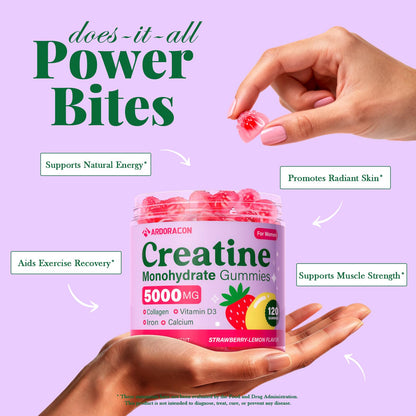 Creatine for Women, Creatine Monohydrate Gummies with Collagen, Vitamin D3 & Calcium for Muscle Support & Energy, Flavored Sugar Free Creatine Gummies Post & Pre Workout Supplements for Women, 120 Ct