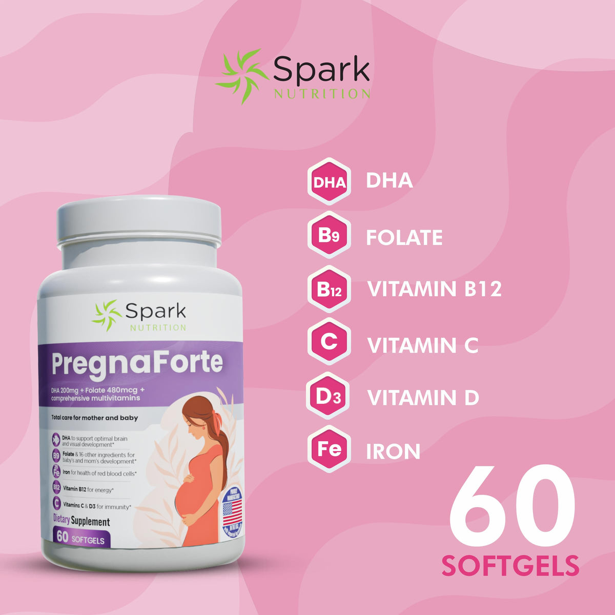 Pregnaforte Prenatal Multivitamin 60 days: Folic acid, Omega-3 DHA/EPA, Vitamins A, B6, B12, C, D3, E